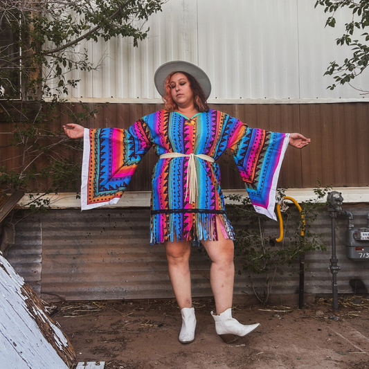 Neon Western Bell Sleeve Mini Dress – Handmade & Upcycled