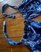Alt Tag: 🛸 Midnight Tide Two-Piece Set – One of a Kind Handmade Statement Set close-up of the halter top design in blue paisley print.