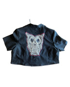 Cropped button-up top from the Midnight Mischief Upcycled Two-Piece Set with owl embroidery on the back.