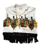 alt_tag: Island Strings Fringe Crop Top featuring colorful guitar prints and dramatic fringe for funky women's clothing.