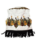 Island Strings Fringe Crop Top with guitar print and black fringe, a unique blend of colorful and funky women's clothing.