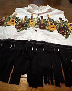 Island Strings Fringe Crop Top featuring unique tropical guitar print and bold black fringe for funky women's clothing.