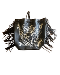 Alien After Dark Fringe Bag featuring hand-drawn alien design and dramatic black fringe, a unique statement purse.