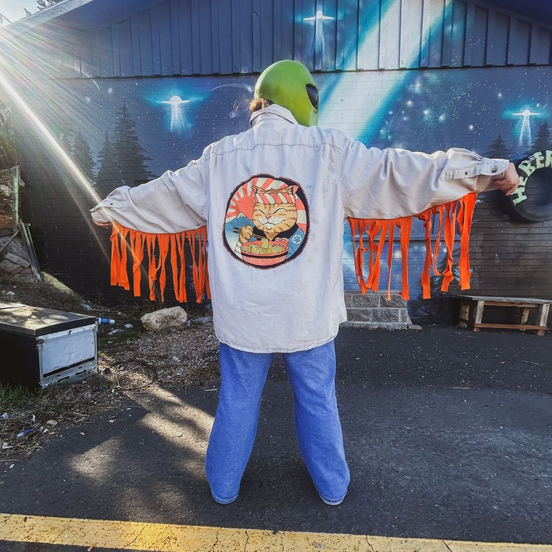 Ramen Cat Fringe Flannel – One of a Kind Upcycled Statement Piece