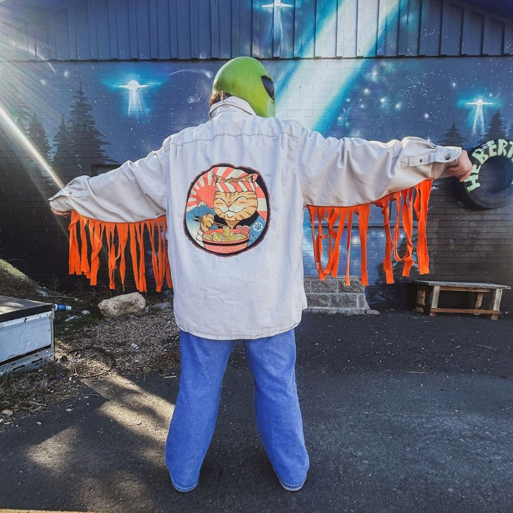 Ramen Cat Fringe Flannel – One of a Kind Upcycled Statement Piece