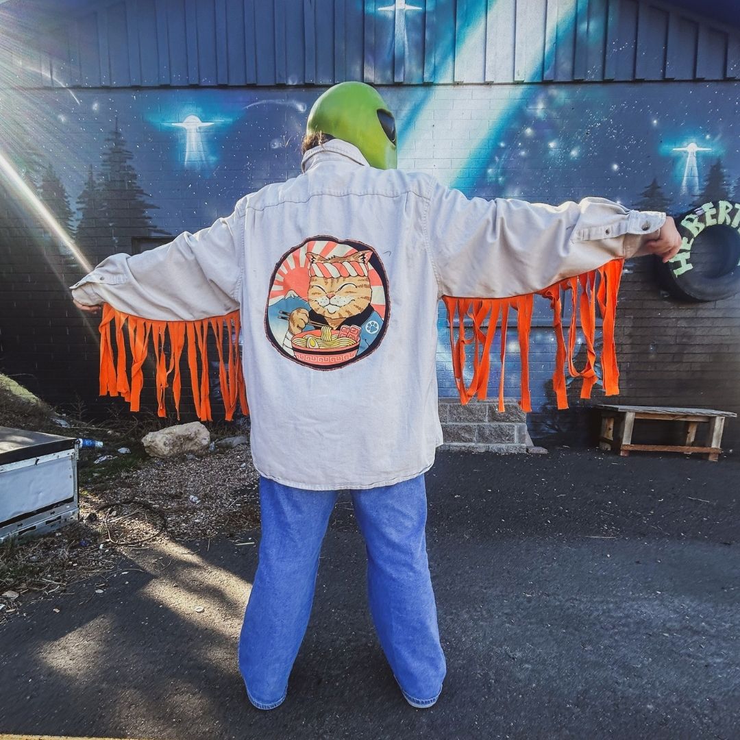 Upcycled Ramen Cat Fringe Flannel — One-of-a-Kind &amp; Full of Flavor