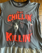 Just Chillin’ Killin’ Upcycled T-Shirt Dress with a graphic design featuring horror theme and sleeveless style.