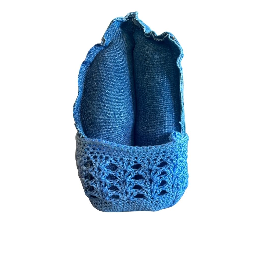 Handmade Denim Fabric Cactus with Crochet Pot | Upcycled Desert Decor | One-of-a-Kind