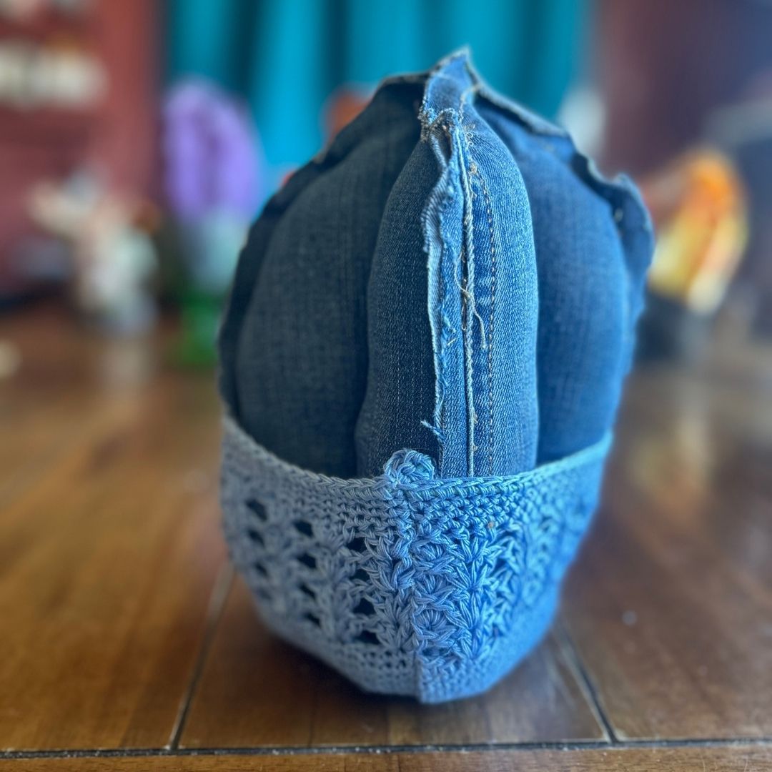 Handmade Denim Fabric Cactus with Crochet Pot | Upcycled Desert Decor | One-of-a-Kind