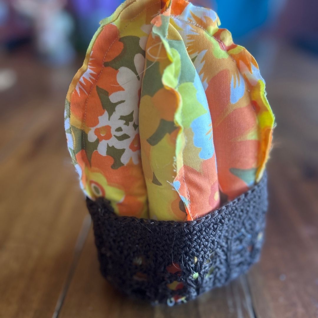 Handmade Floral Fabric Cactus with Crochet Pot | Upcycled Boho Home Decor | One-of-a-Kind