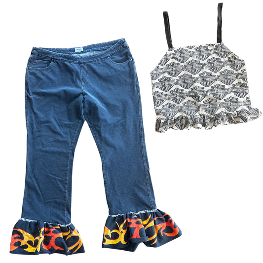 Handmade Upcycled Set | Flame Bell Bottoms + Harley Crop Top