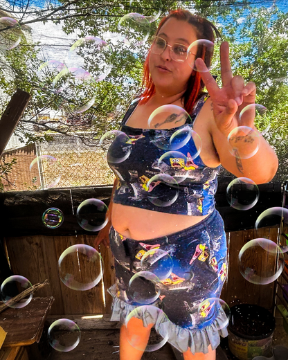 Space Sponge Crop Top & Ruffle Shorts Set – Handmade from Upcycled Pajamas