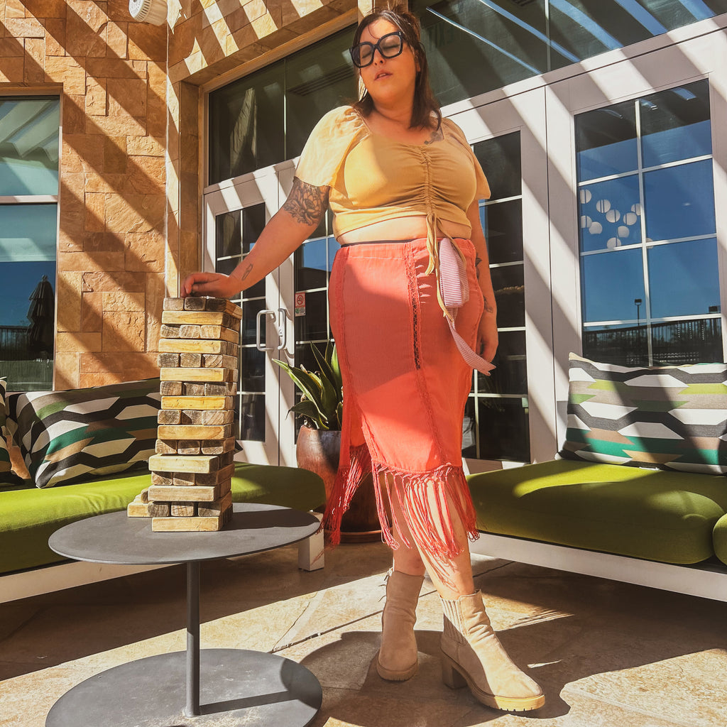 Desert Rose Sheer Kimono Fringe Skirt