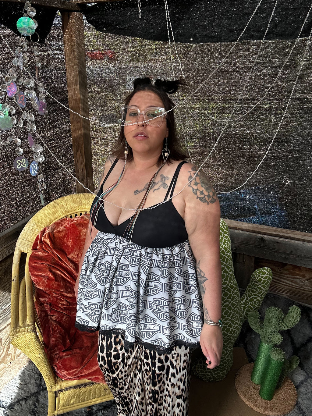 Funky Handmade Babydoll Top – One of a Kind Upcycled Harley Statement Piece