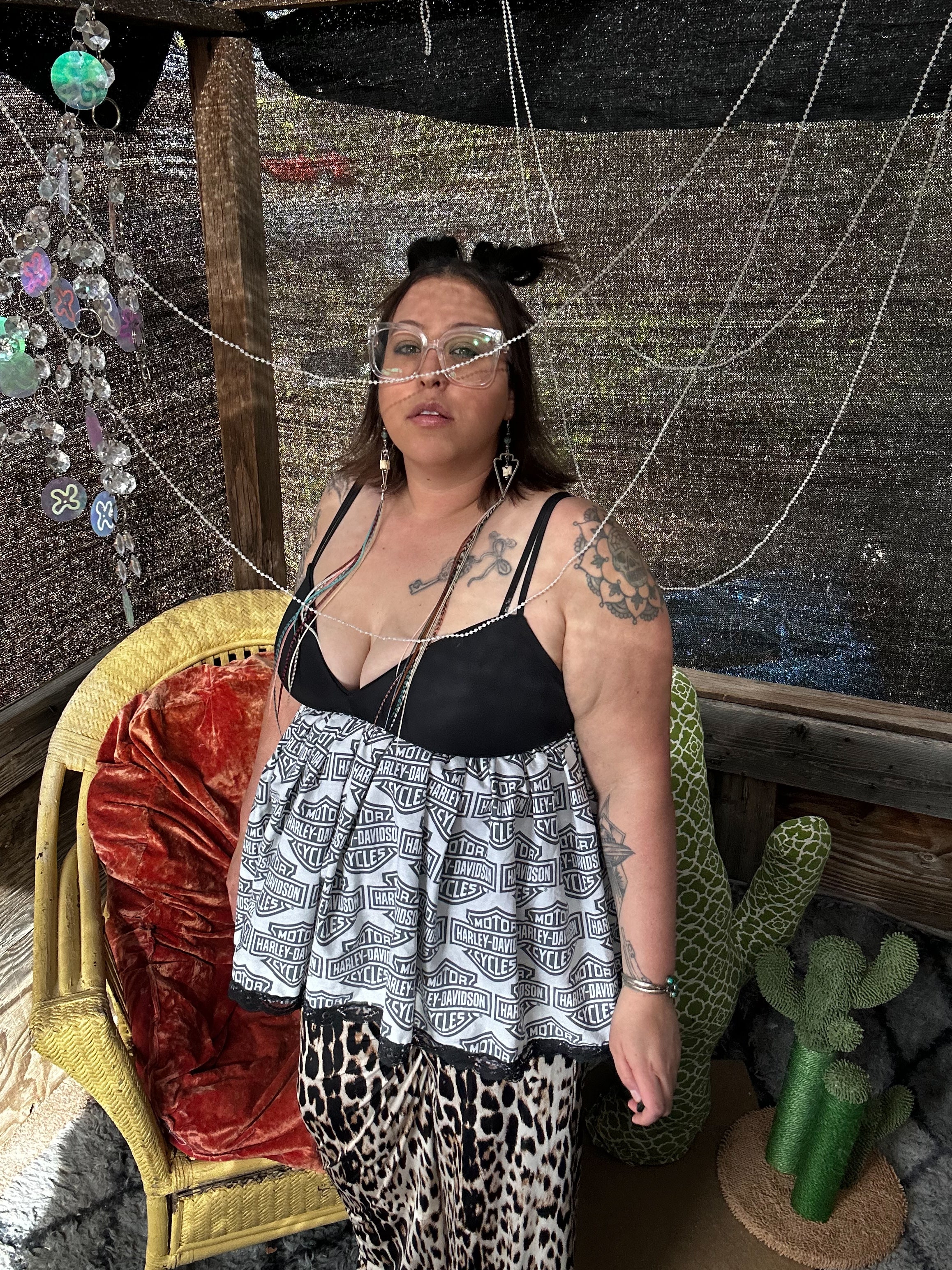 Funky Handmade Babydoll Top – One of a Kind Upcycled Harley Statement Piece