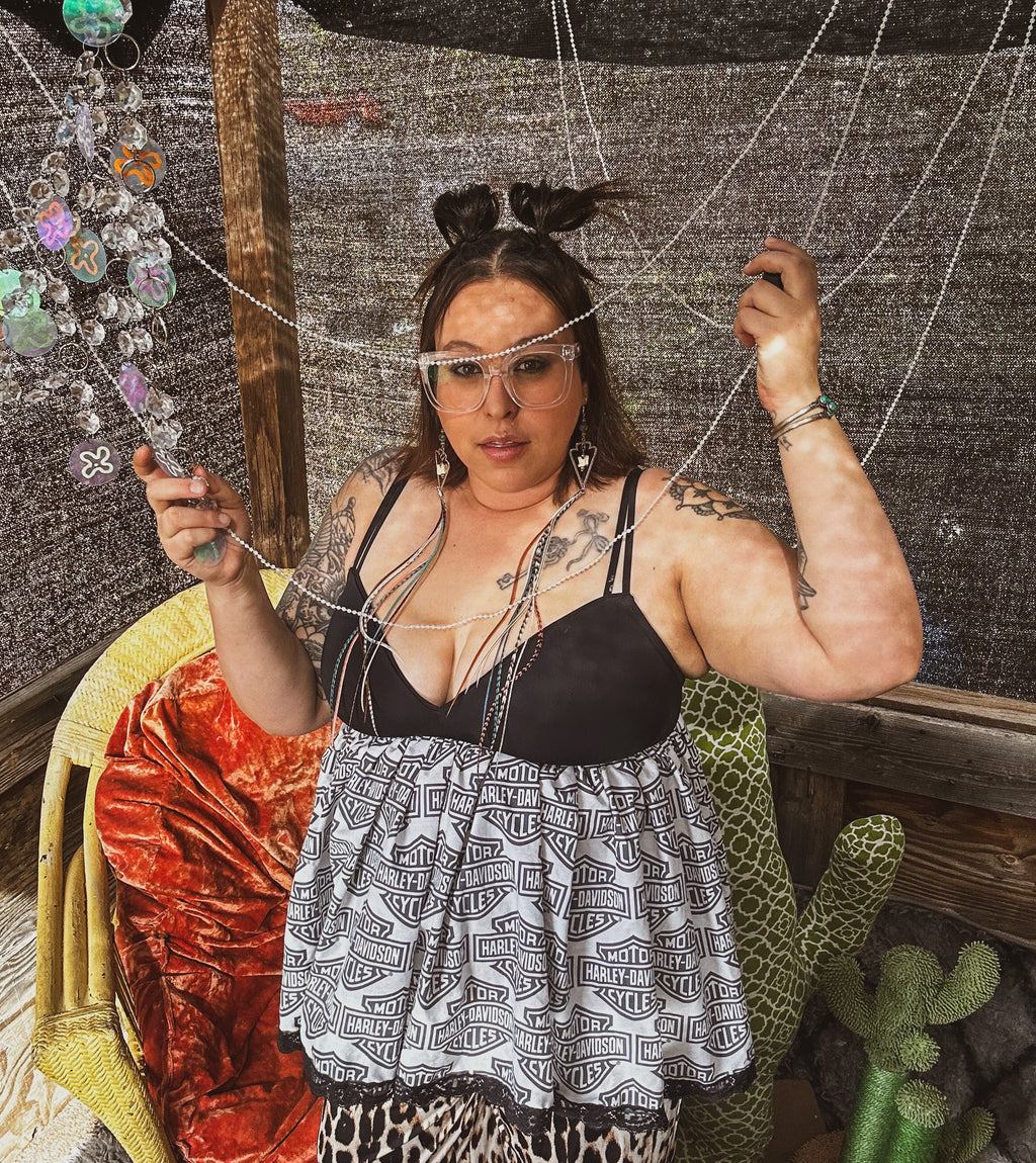 Funky Handmade Babydoll Top – One of a Kind Upcycled Harley Statement Piece