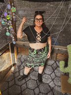 Toxic Swirl Handmade Mini Skirt – One of a Kind Upcycled Statement Piece modeled with funky and colorful accessories.