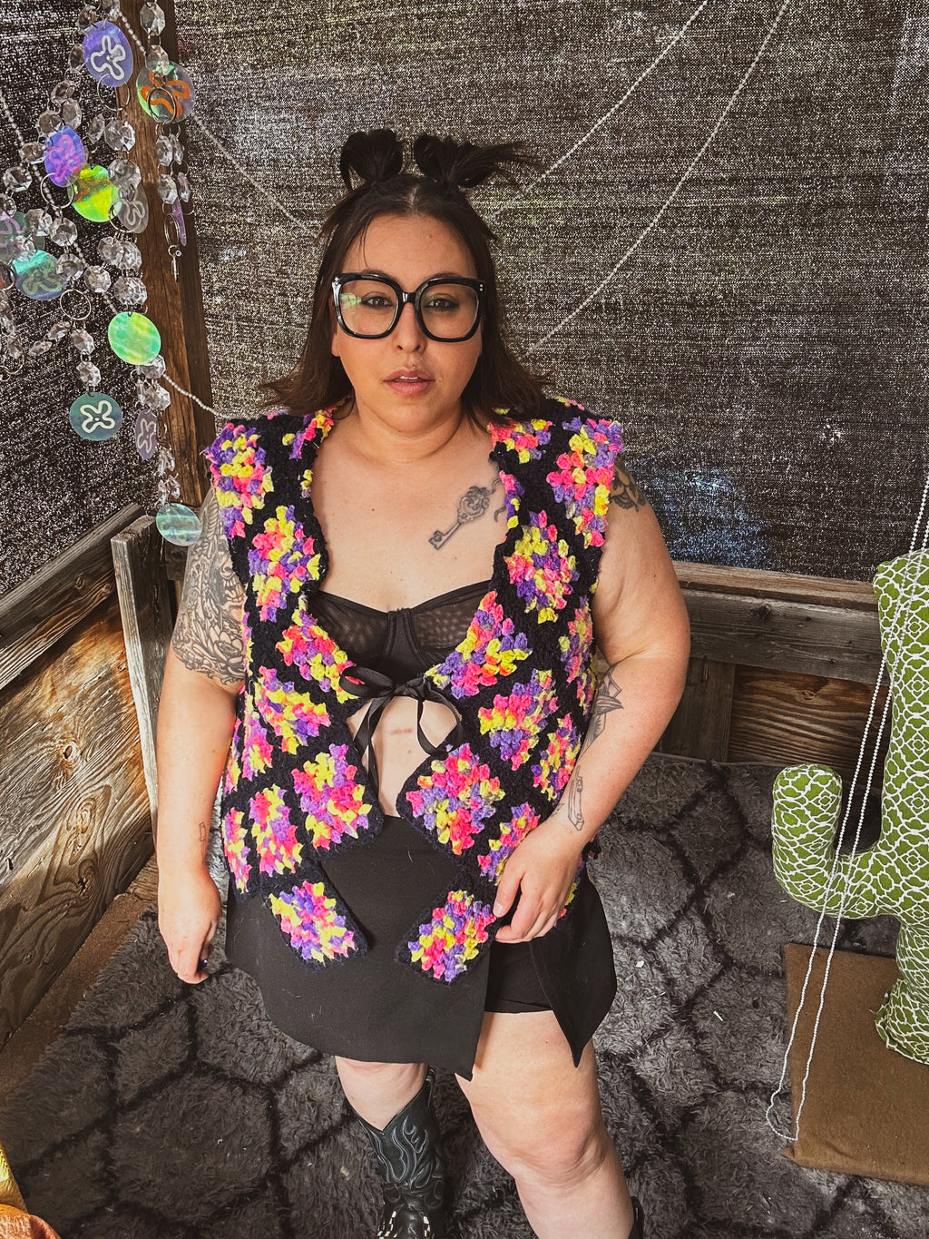 Neon Bloom Crochet Vest – One of a Kind Upcycled Statement Piece