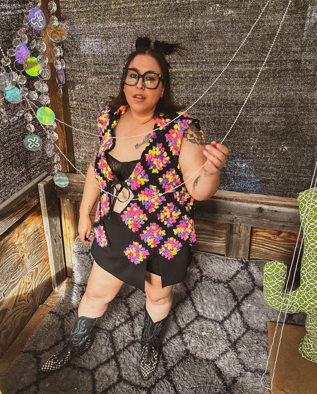 Neon Bloom Crochet Vest – One of a Kind Upcycled Statement Piece