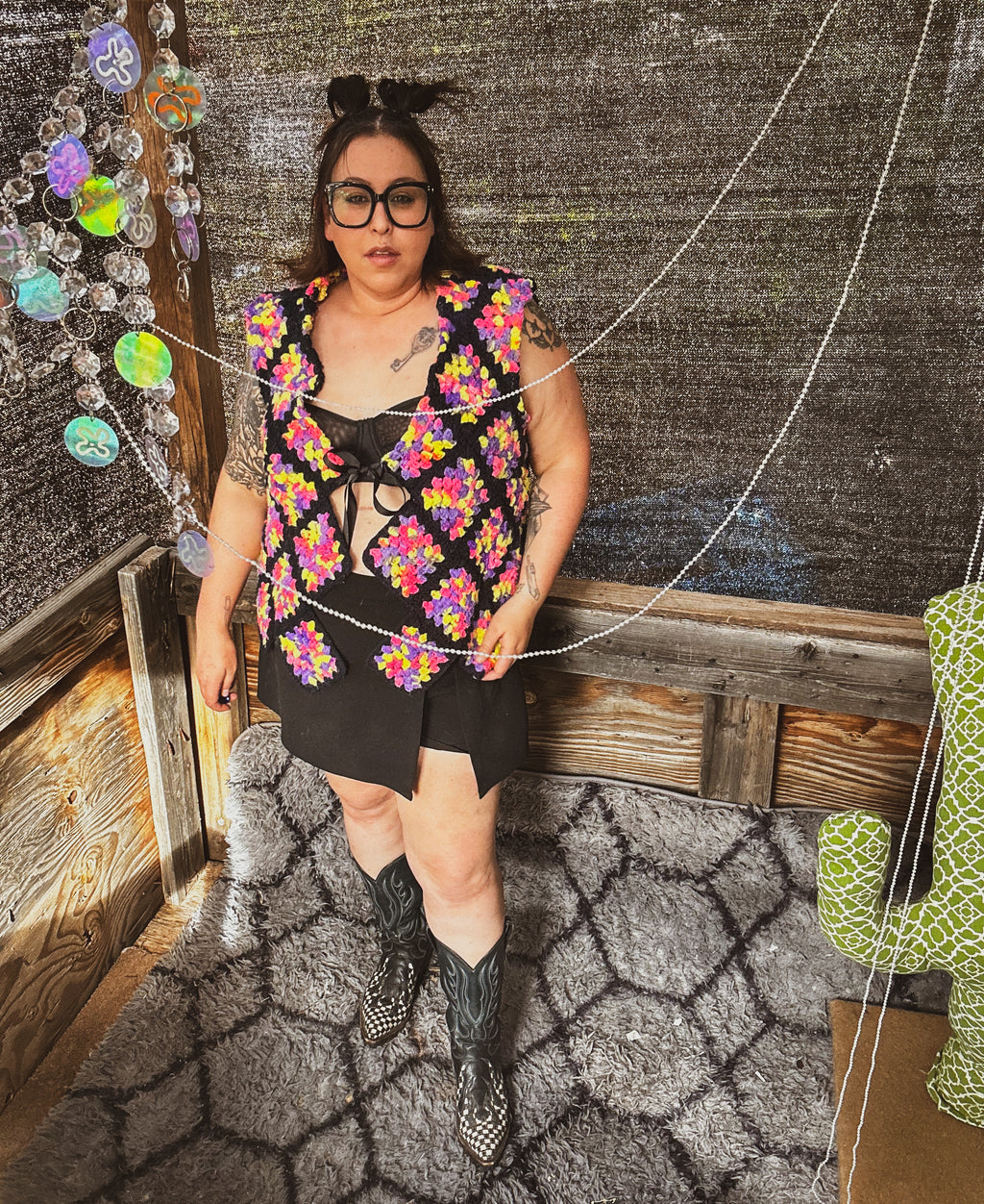 Neon Bloom Crochet Vest – One of a Kind Upcycled Statement Piece