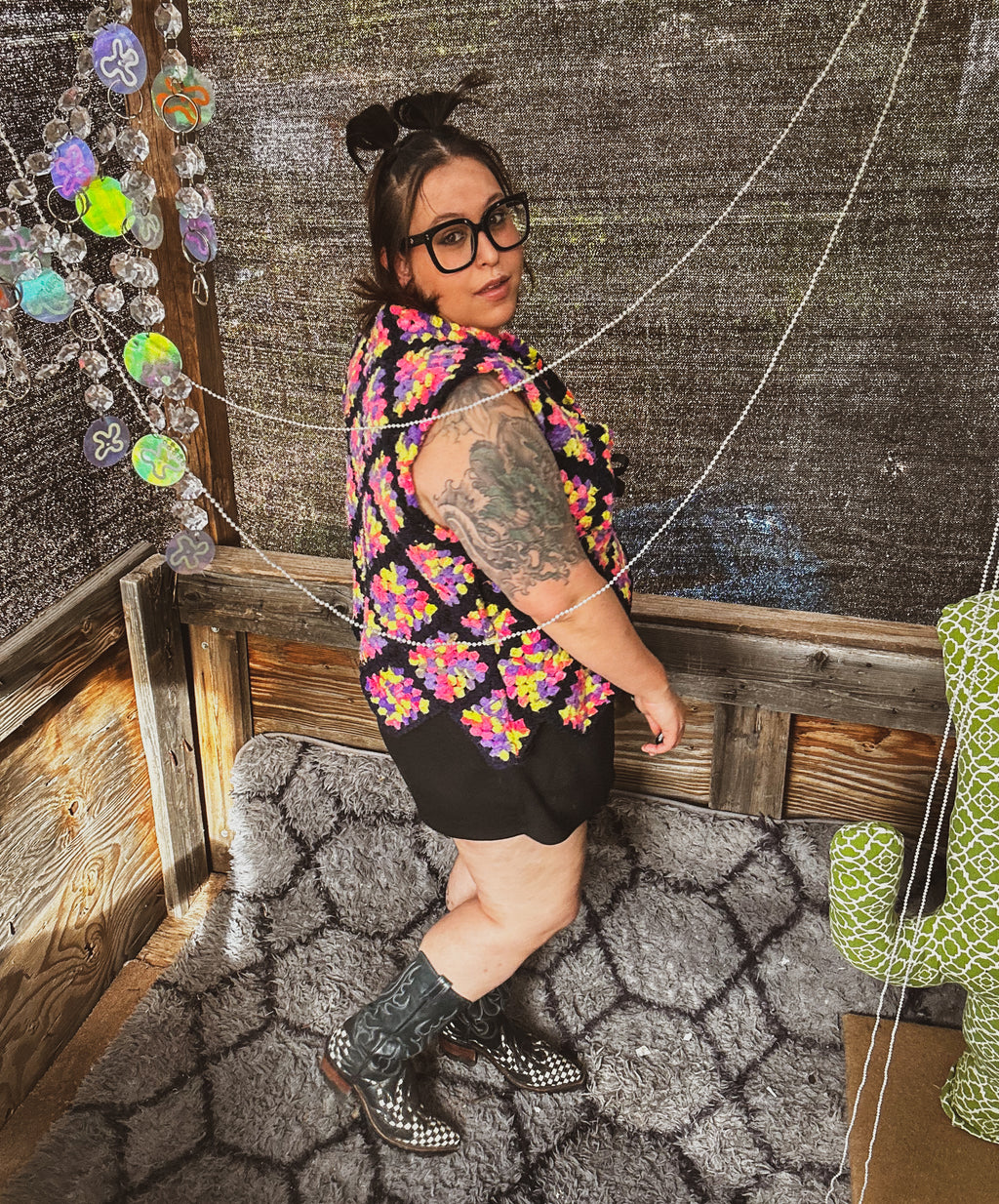 Neon Bloom Crochet Vest – One of a Kind Upcycled Statement Piece