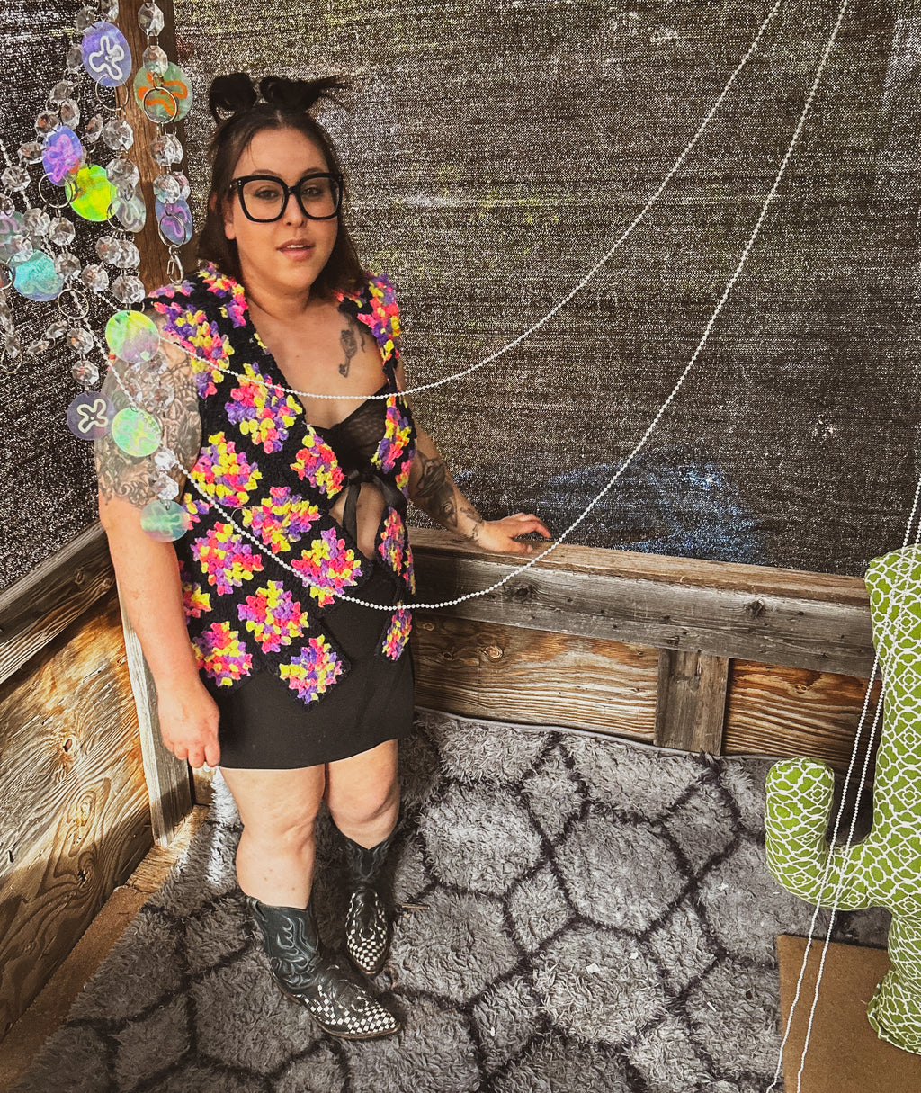 Neon Bloom Crochet Vest – One of a Kind Upcycled Statement Piece