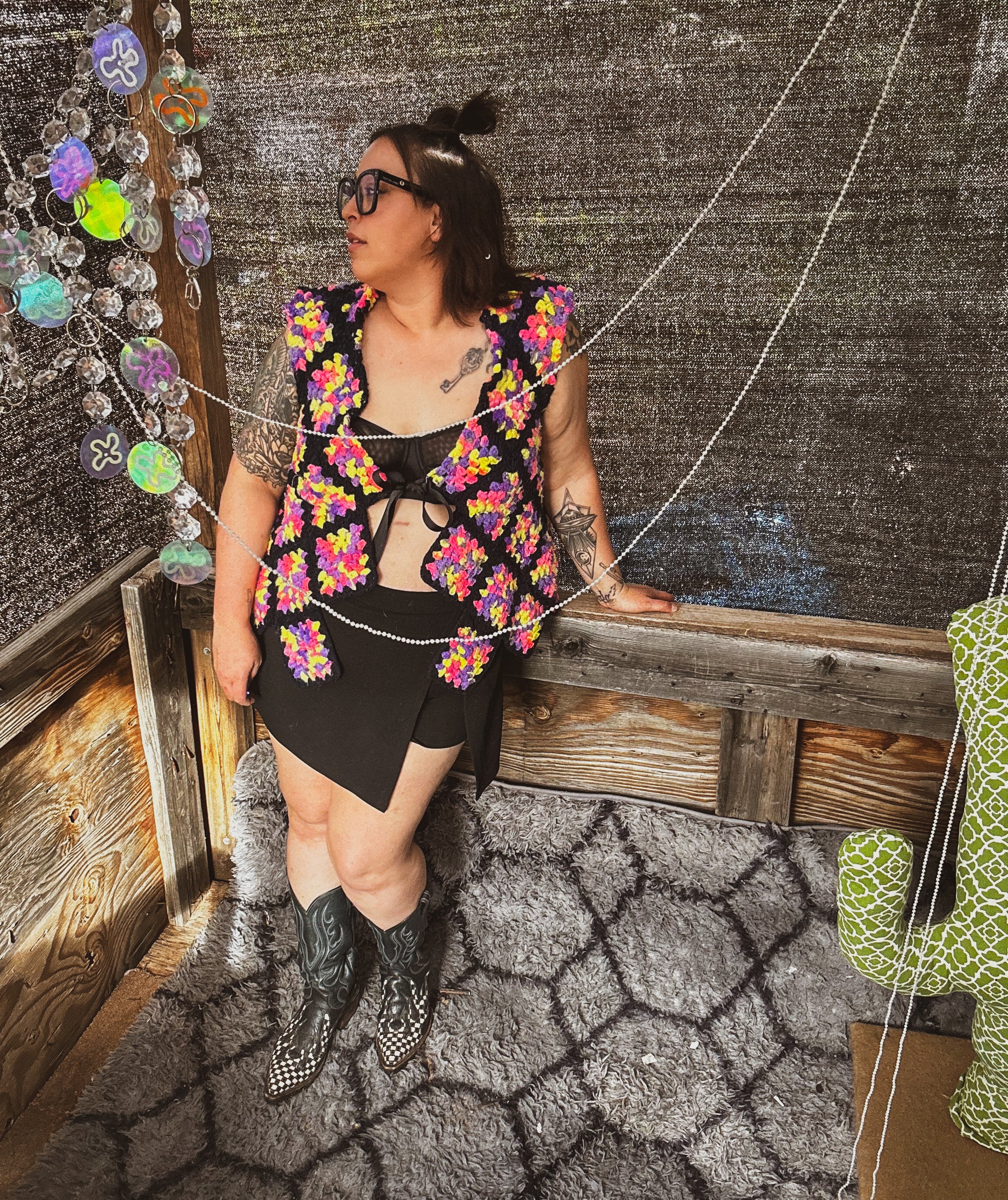 Neon Bloom Crochet Vest – One of a Kind Upcycled Statement Piece