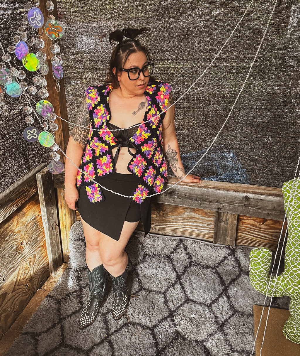 Neon Bloom Crochet Vest – One of a Kind Upcycled Statement Piece