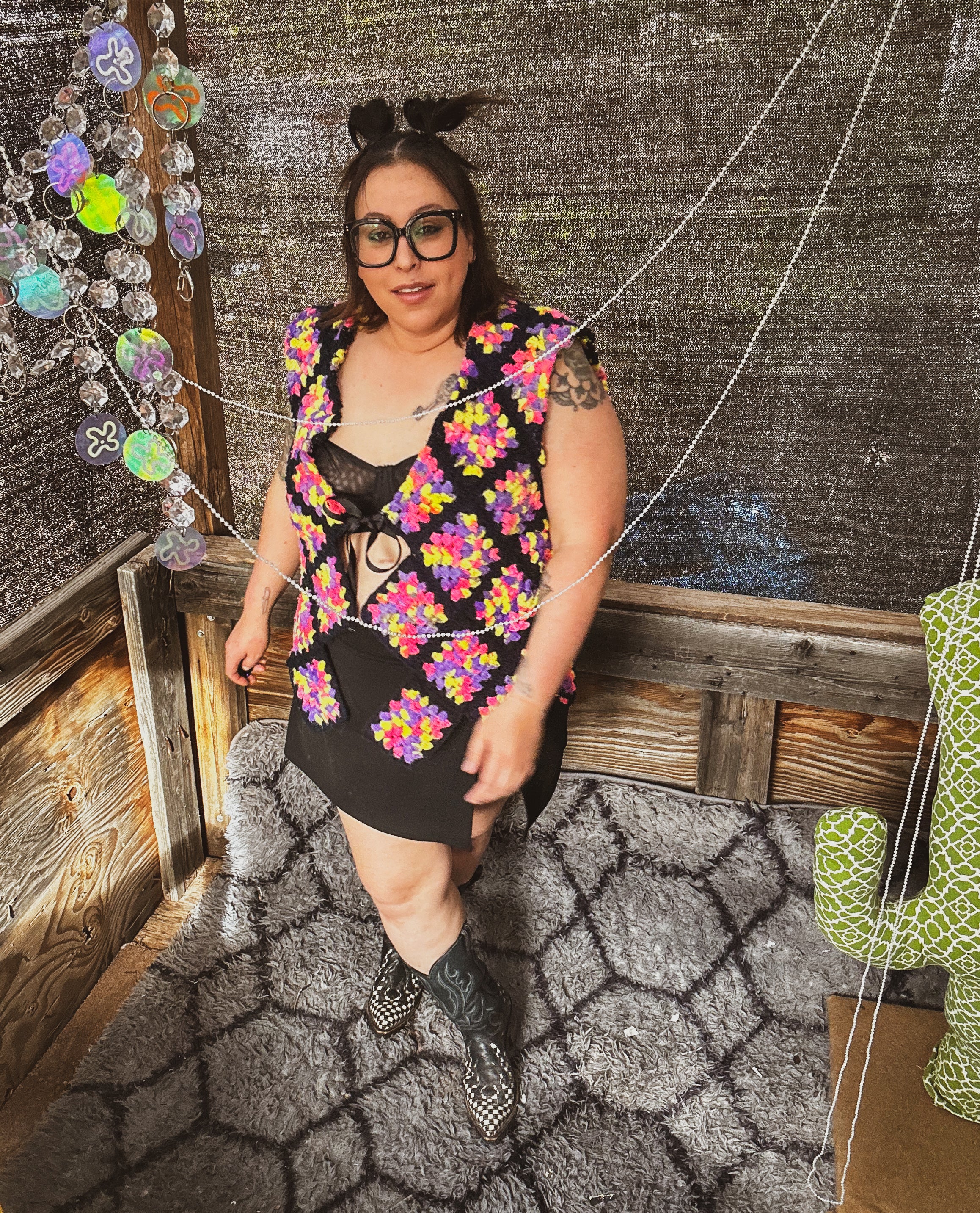 Neon Bloom Crochet Vest – One of a Kind Upcycled Statement Piece