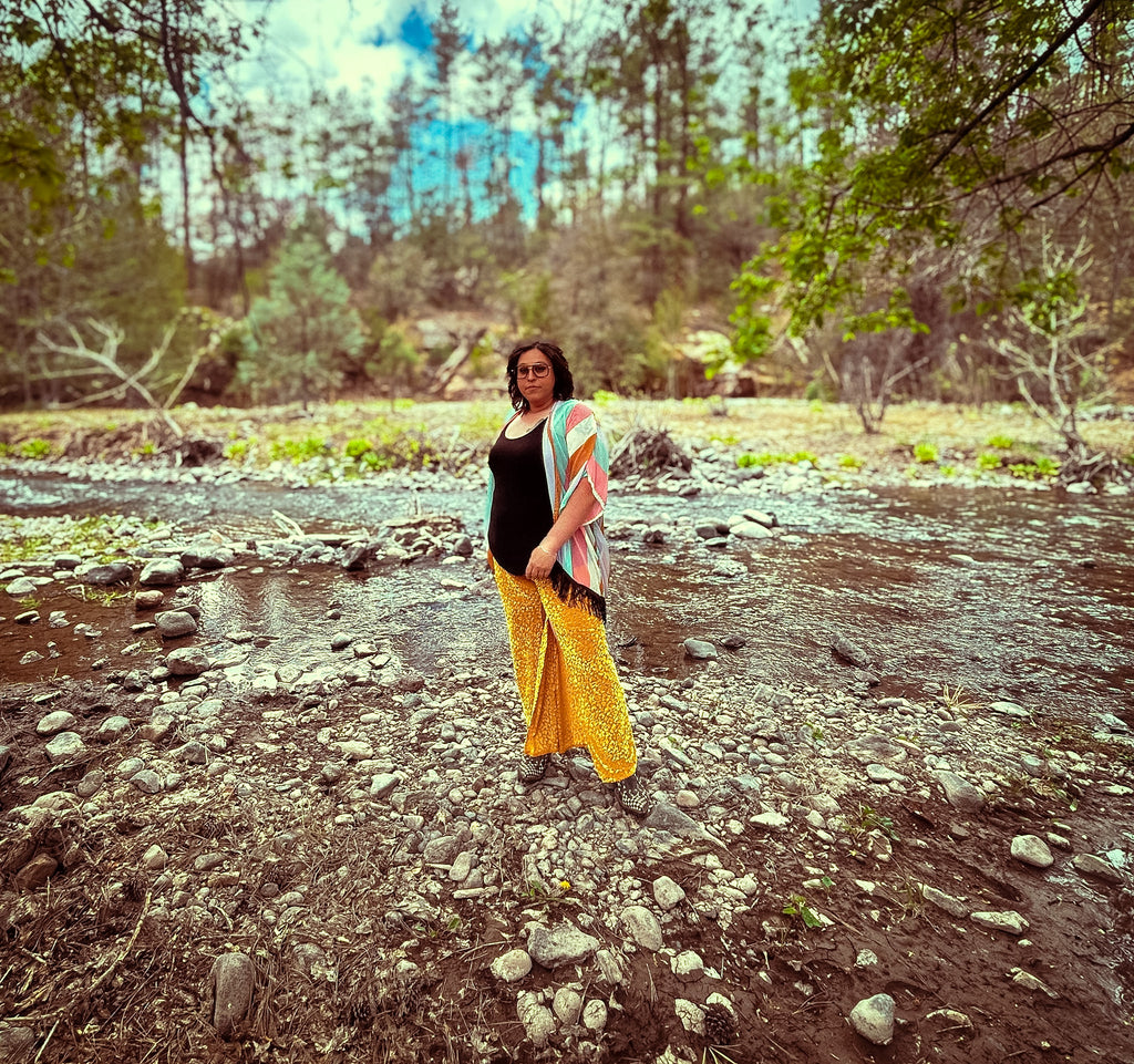 🛸 Golden Mirage Flare Pants – One of a Kind Upcycled Statement Piece