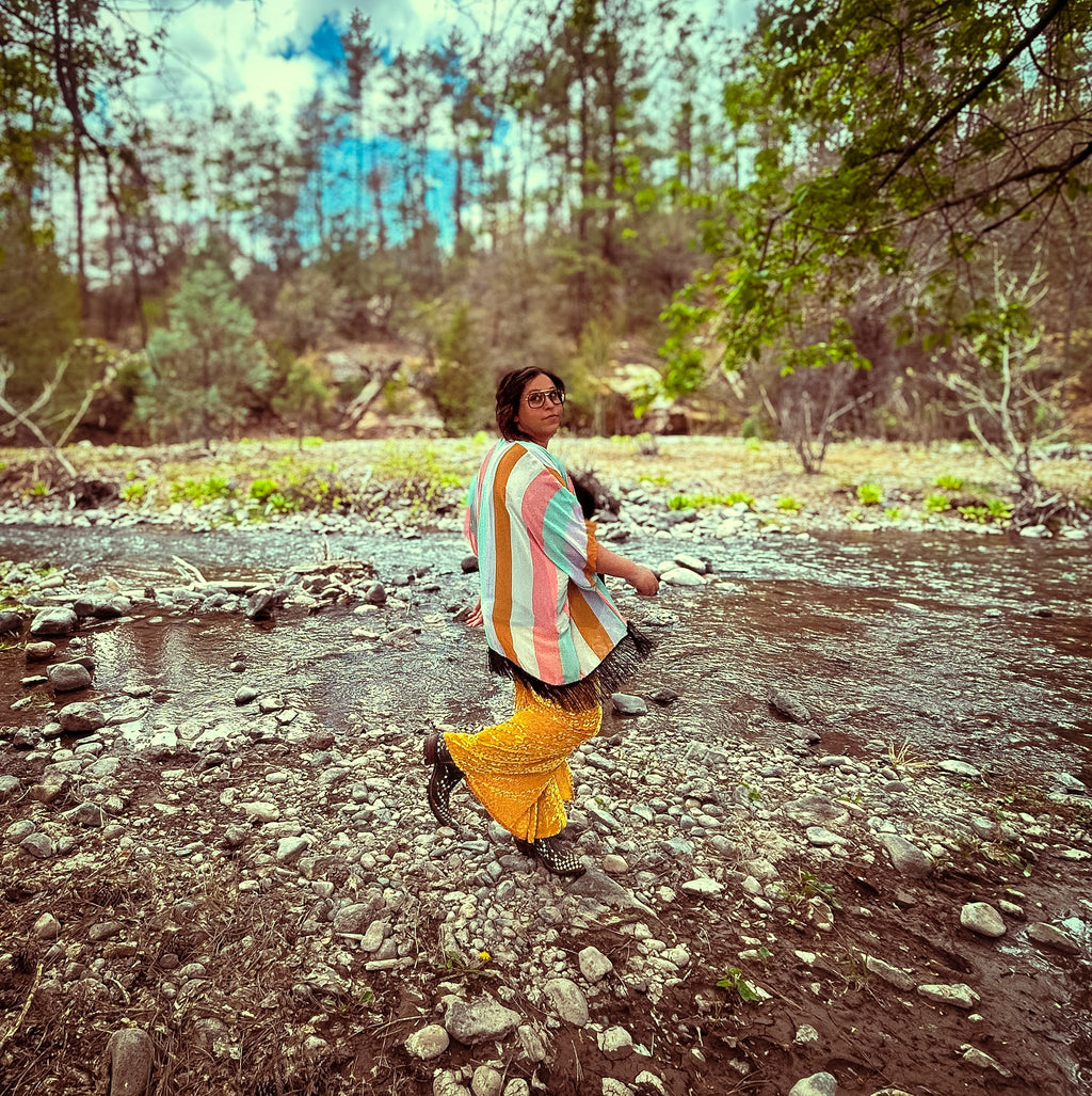 🛸 Golden Mirage Flare Pants – One of a Kind Upcycled Statement Piece
