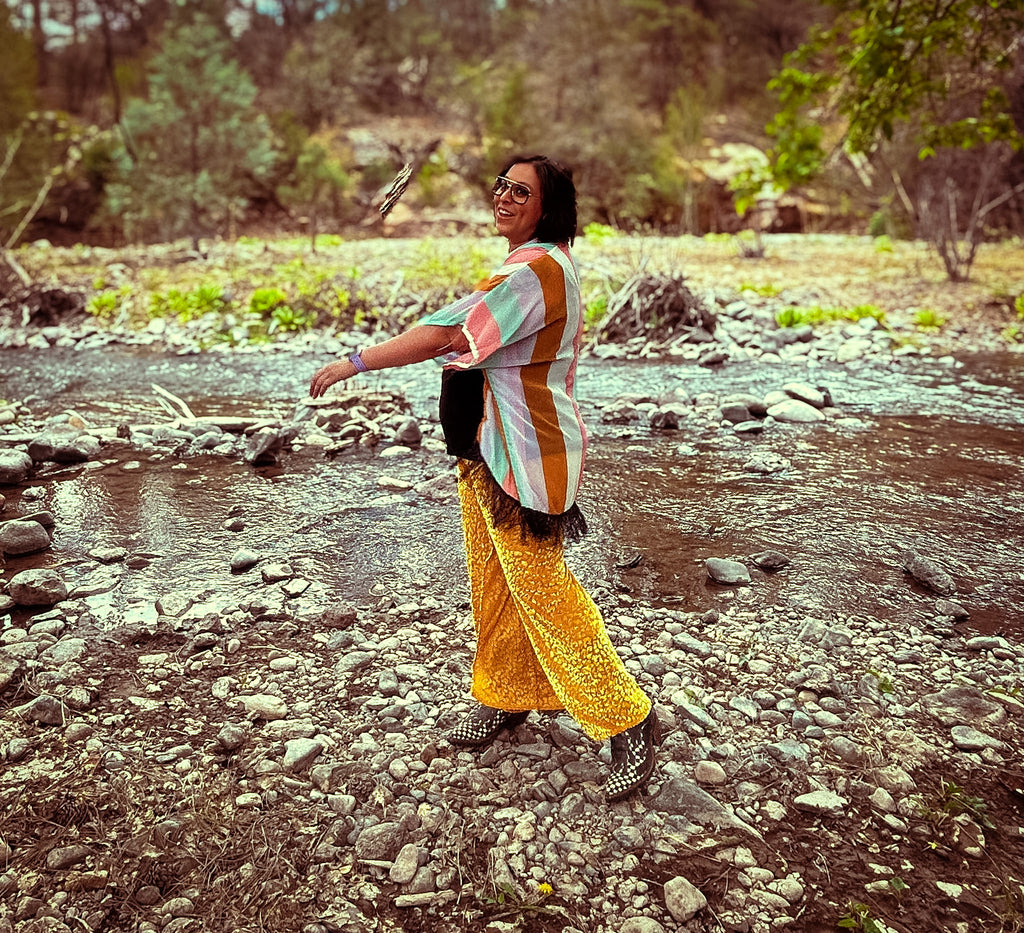 🛸 Golden Mirage Flare Pants – One of a Kind Upcycled Statement Piece