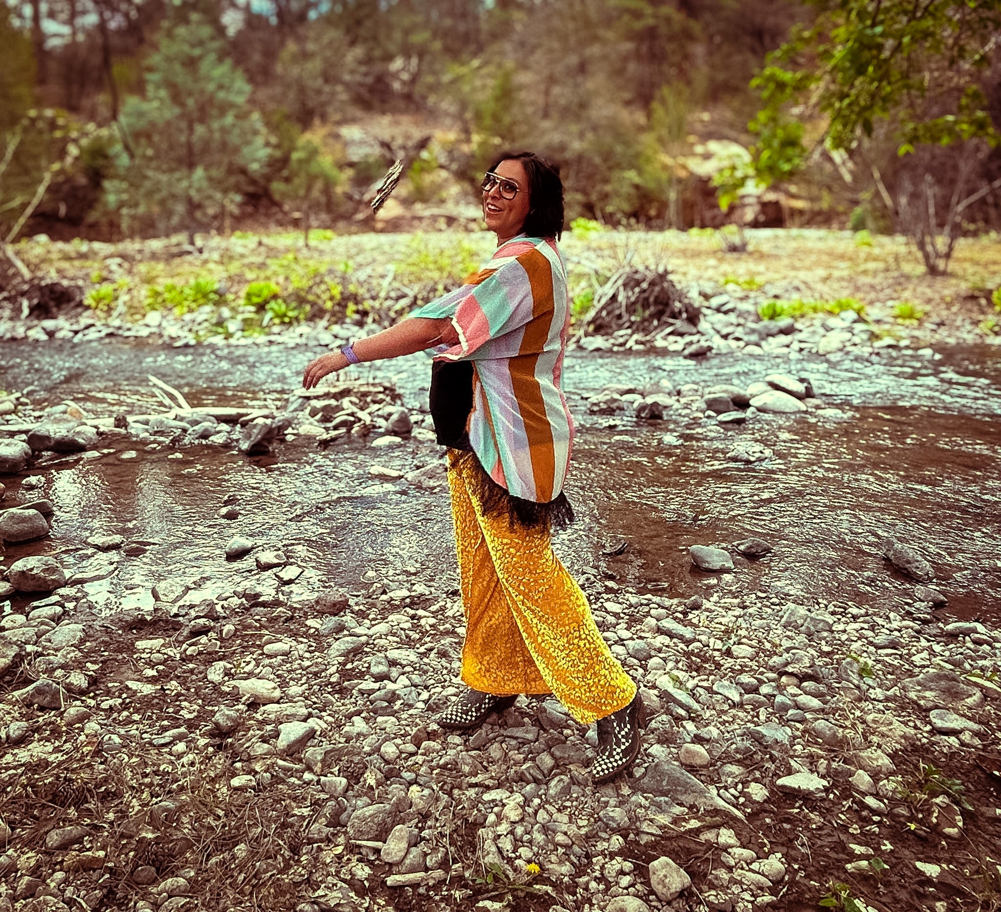 🛸 Golden Mirage Flare Pants – One of a Kind Upcycled Statement Piece