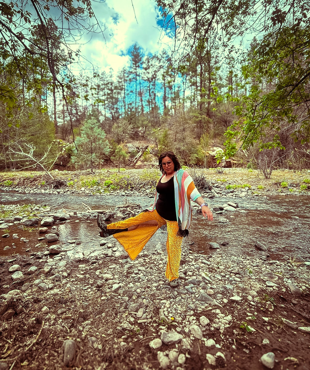 🛸 Golden Mirage Flare Pants – One of a Kind Upcycled Statement Piece