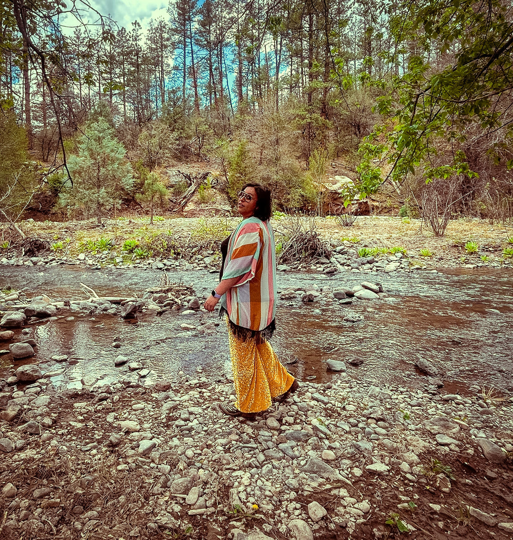 🛸 Golden Mirage Flare Pants – One of a Kind Upcycled Statement Piece