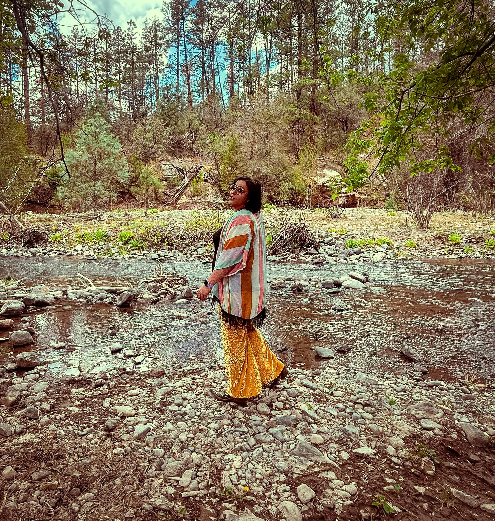 🛸 Golden Mirage Flare Pants – One of a Kind Upcycled Statement Piece