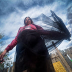Betty in Paris Reworked Hoodie Dress showcased outdoors with flowing sheer skirt, perfect for funky women's clothing.