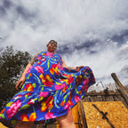 Bloom Riot Maxi Dress showcasing vibrant floral print, perfect for funky women's clothing and unique independent women's fashion.