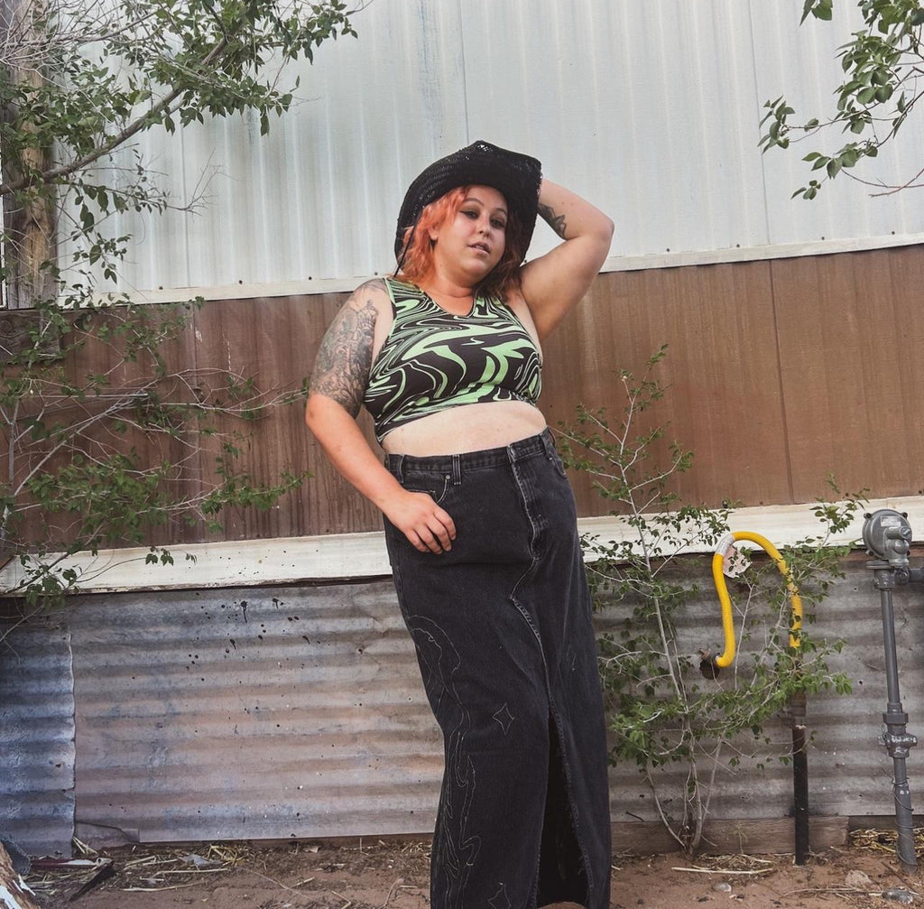 Upcycled Flame Stitch Denim Maxi Skirt