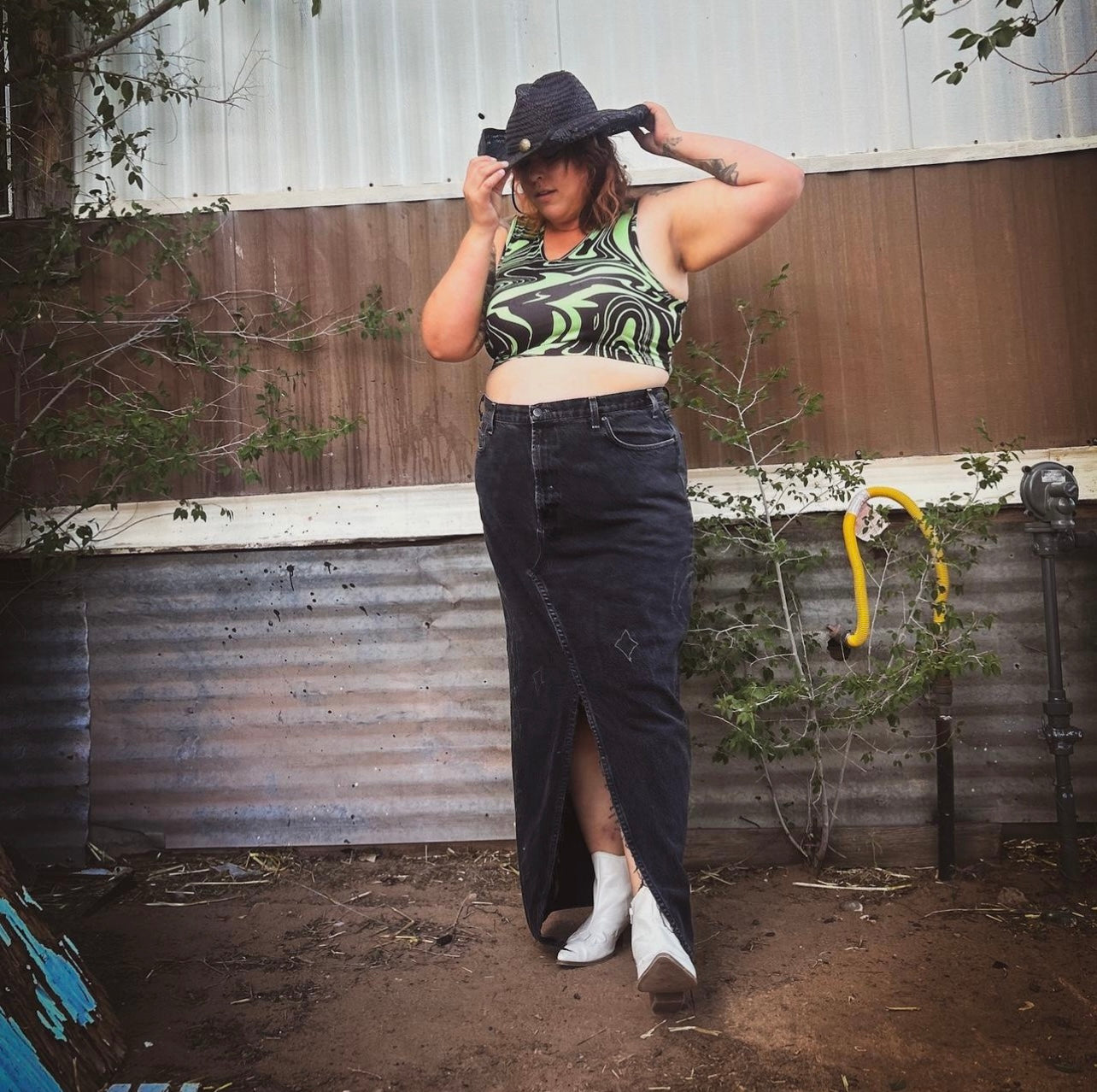 Upcycled Flame Stitch Denim Maxi Skirt