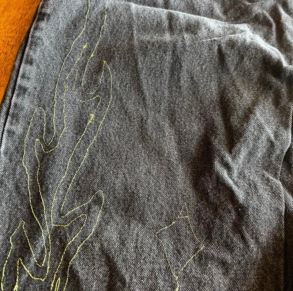 Upcycled Flame Stitch Denim Maxi Skirt