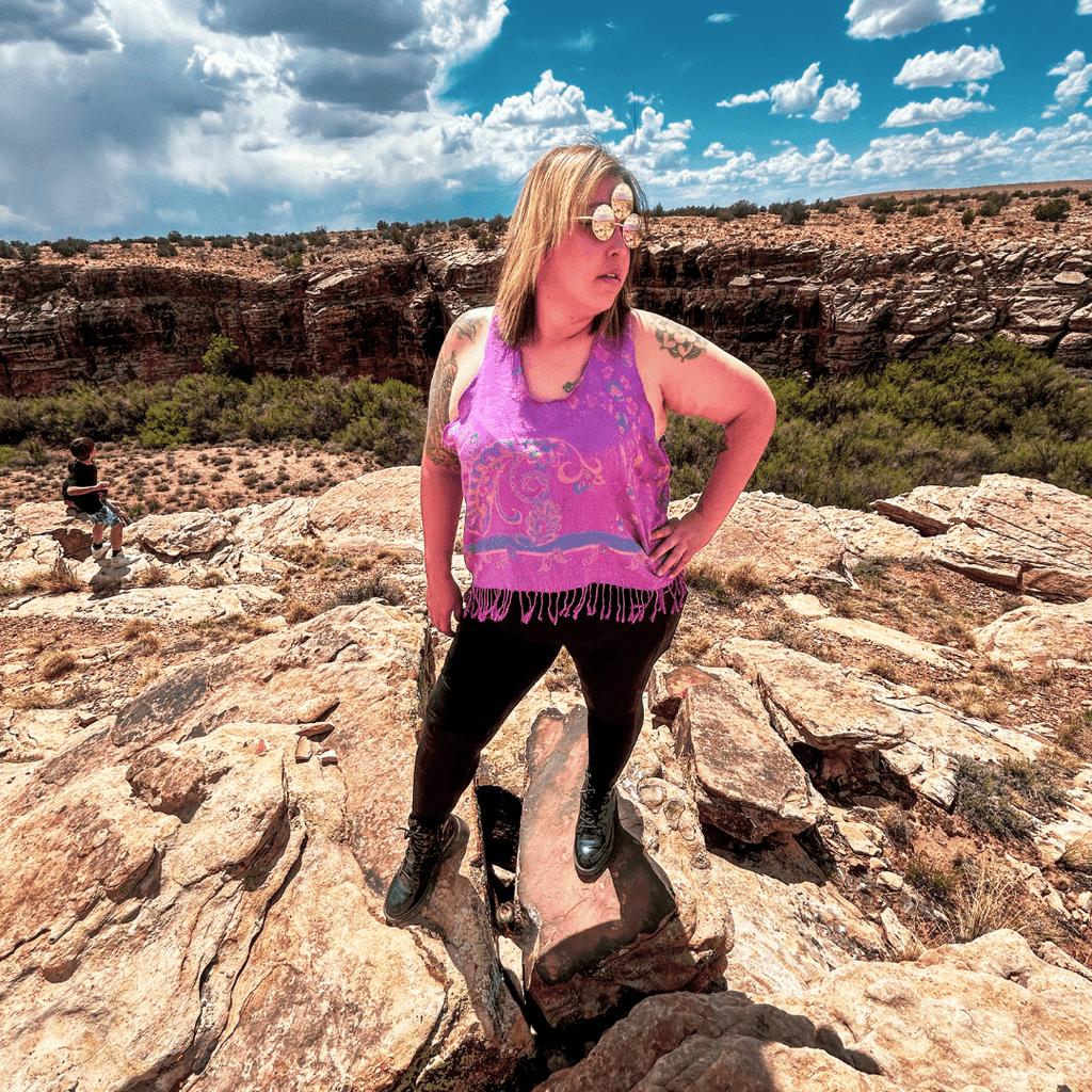 Boho Pashmina Crop Top – Fringe Tank in Purple Paisley - The Modern Alien