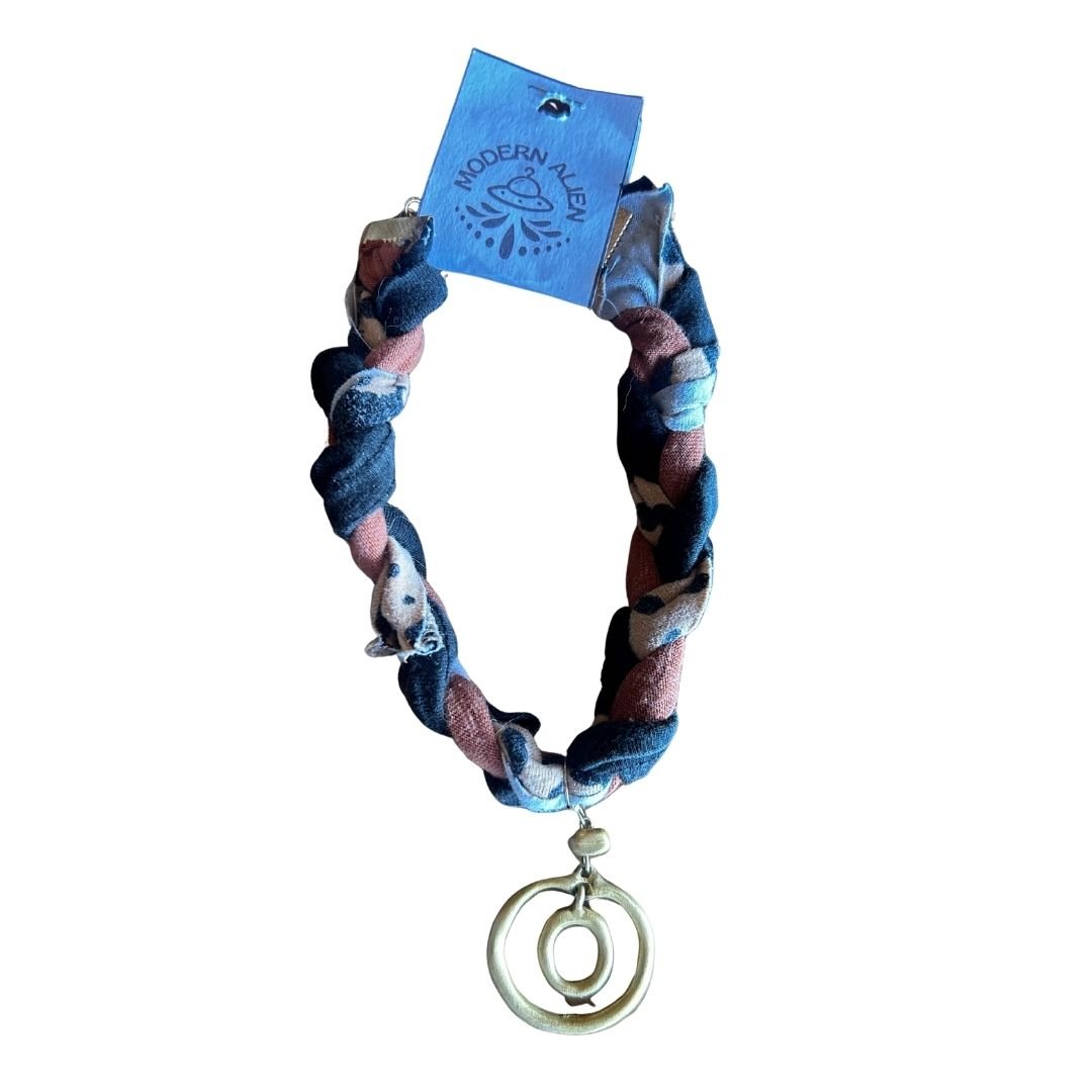 Bronze Orbit Braid Bracelet – Handmade from Scrap Fabric & Repurposed Jewelry