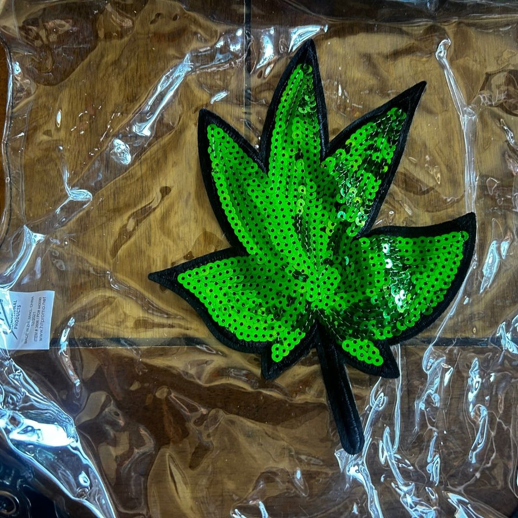 Clear Drawstring Bag with Sequin Leaf Patch | Upcycled Statement Bag - The Modern Alien