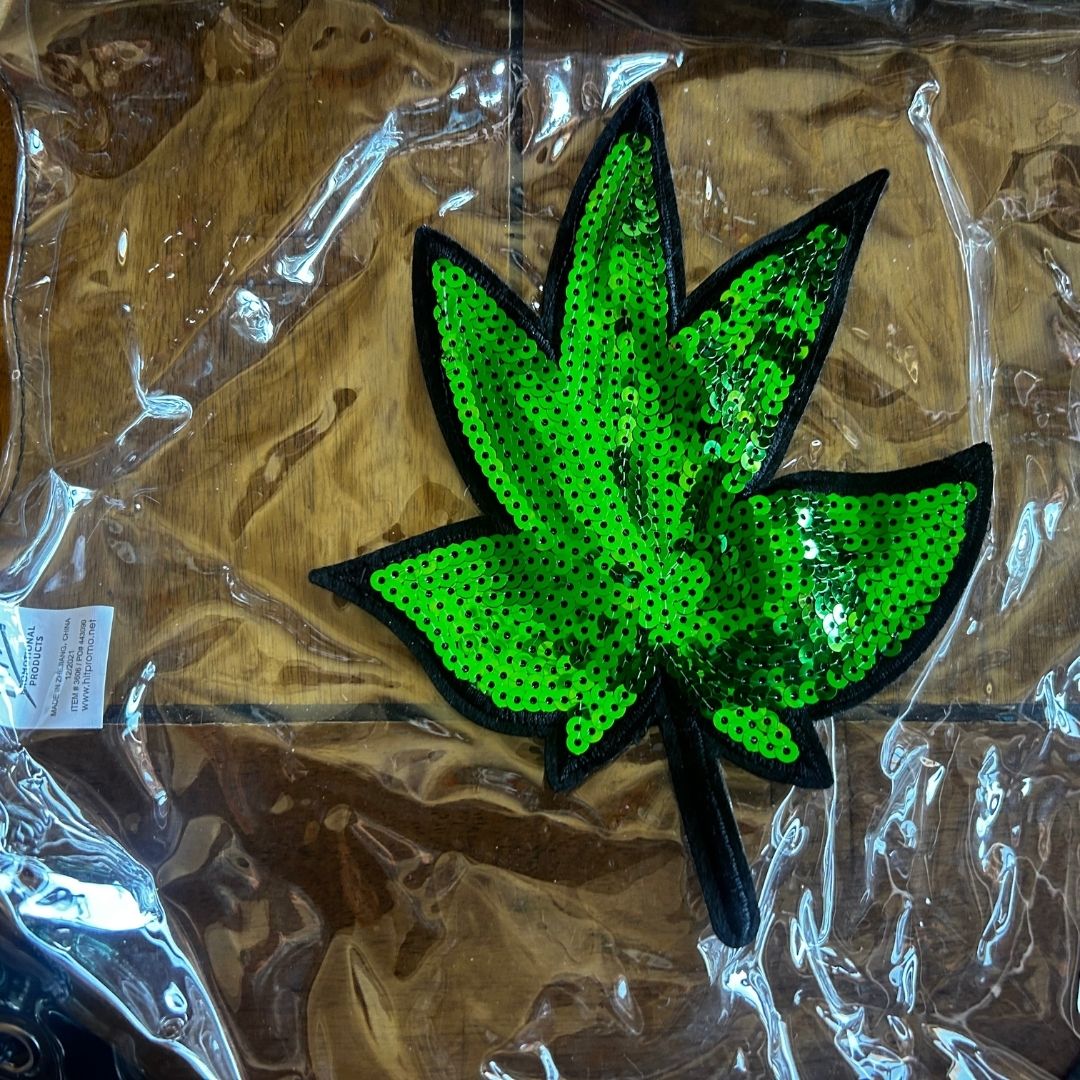 Clear Drawstring Bag with Sequin Leaf Patch | Upcycled Statement Bag - The Modern Alien