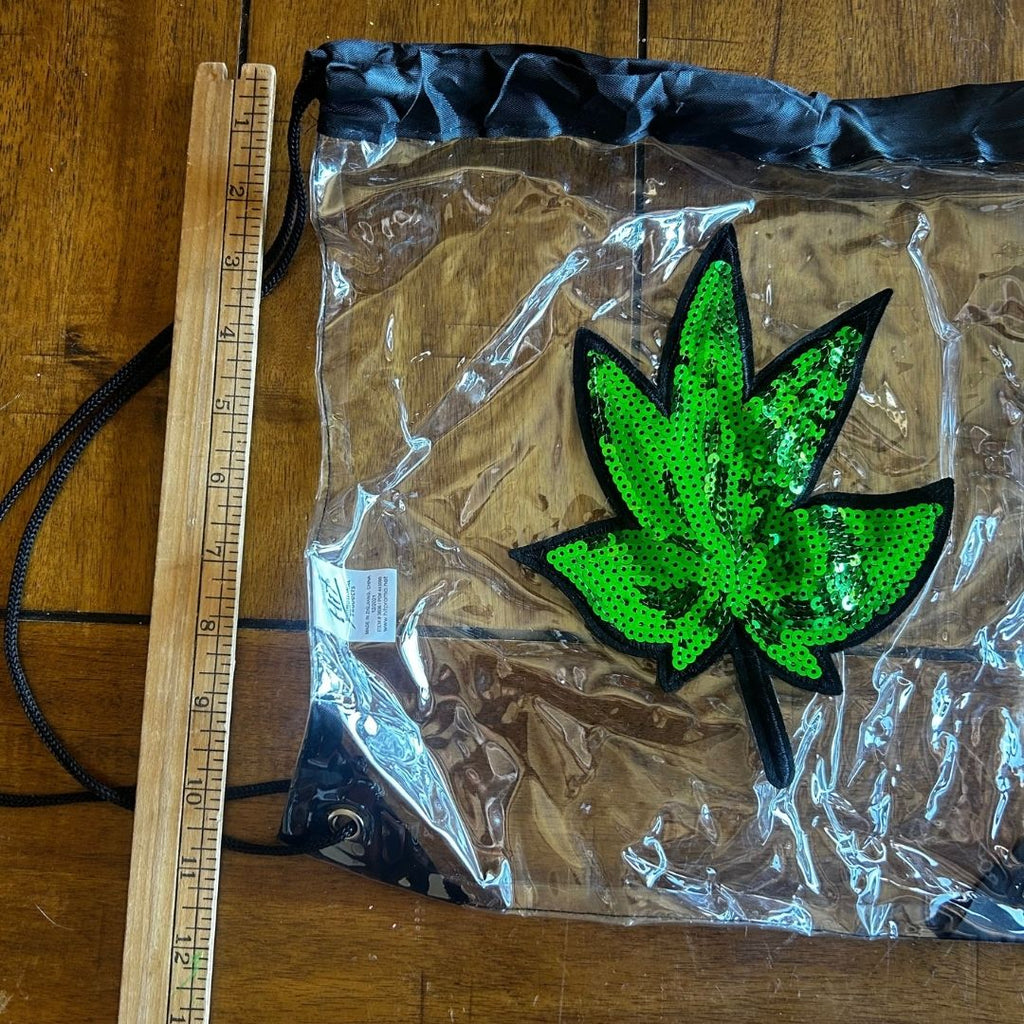 Clear Drawstring Bag with Sequin Leaf Patch | Upcycled Statement Bag - The Modern Alien