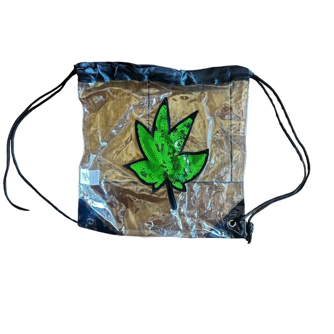 Clear Drawstring Bag with Sequin Leaf Patch | Upcycled Statement Bag