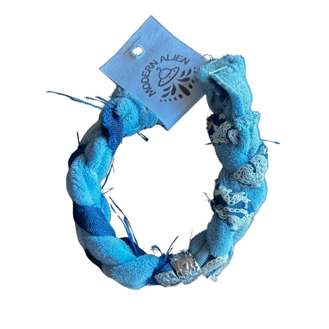 Frayed Denim Charm Bracelet – Handmade from Scrap Fabric & Vintage Jewelry