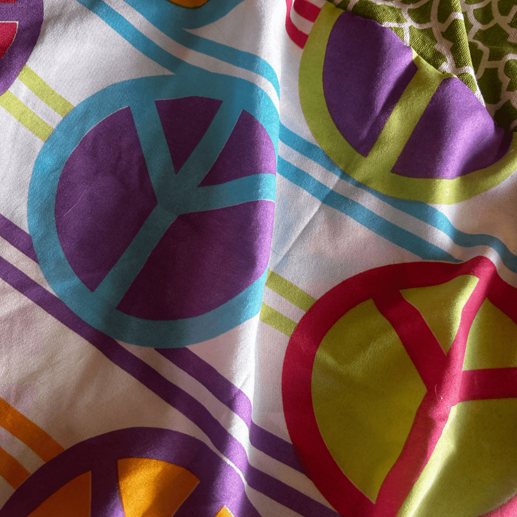 🛒 Funky Peace Patch Pants – Reworked Minky + Vintage Sheets | One - of - a - Kind | Handmade in Arizona - The Modern Alien