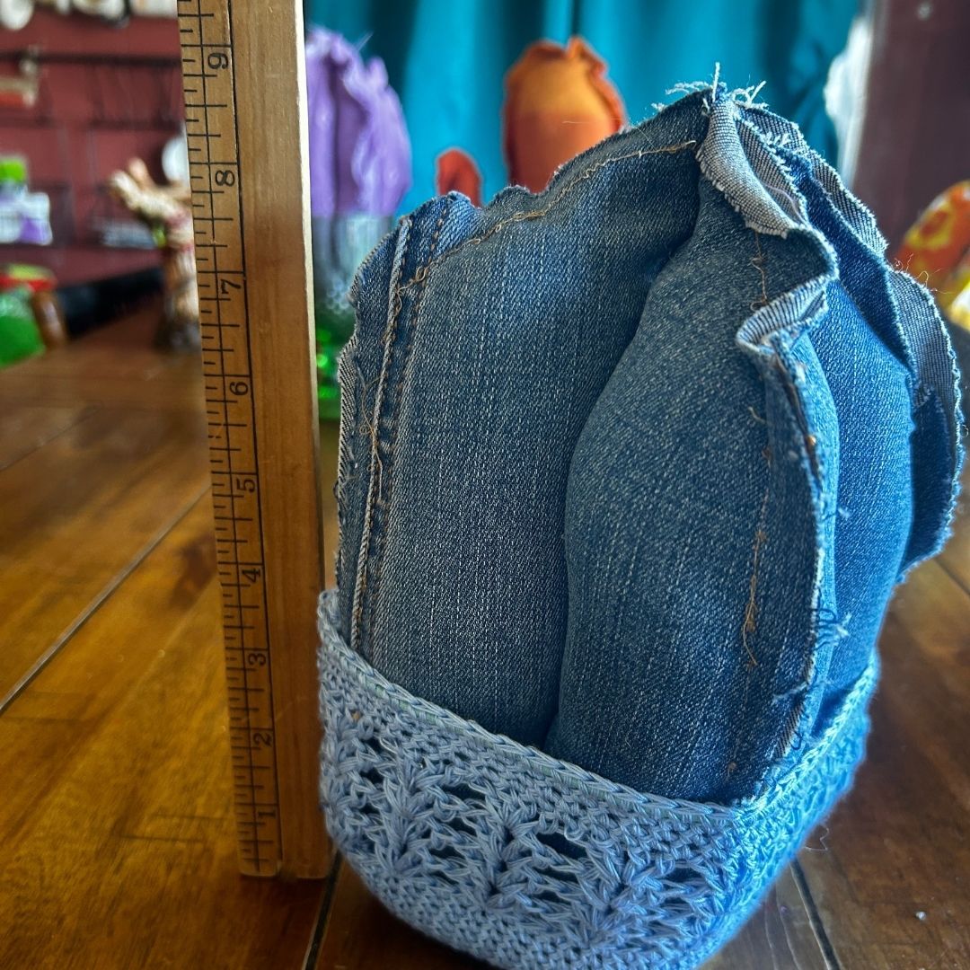 Handmade Denim Fabric Cactus with Crochet Pot | Upcycled Desert Decor | One - of - a - Kind - The Modern Alien